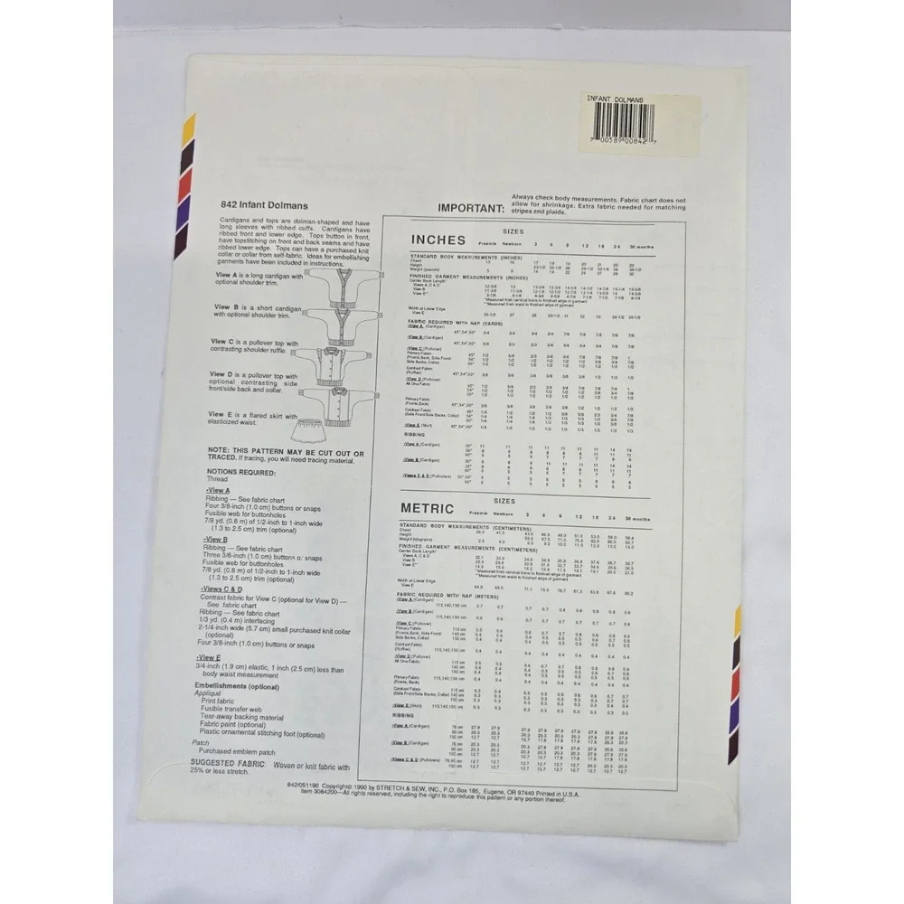 Vintage 1990s Stretch & Sew Ann Person Sewing Patterns 842 - Infant Dolmans